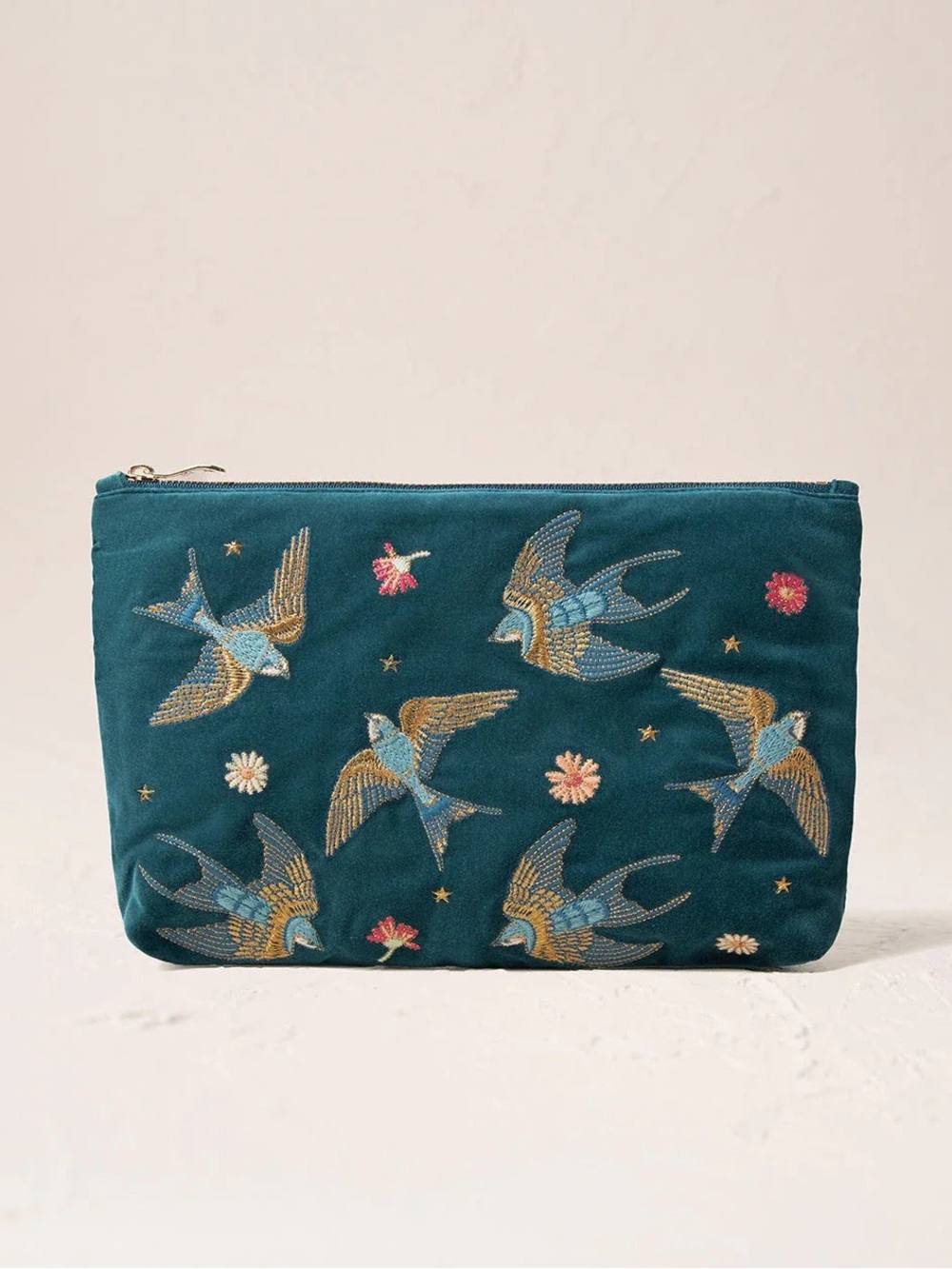 Elizabeth Scarlett Swallows Bird Rich Blue Velvet Embroidered Everyday Pouch New